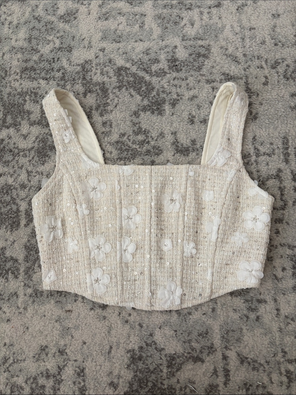 Altar'd State Cream Floral Tweed Sequin Crop Top